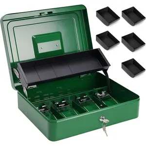 Box Metal  Box with Tray & Key Lock,Tiered Locking  Boxes,Durable Lock Safe Box with Key,4 Bill / 5  Slots,Large 11.8L x 9.5W x 3.5H Inches (Key, Dark Green)
