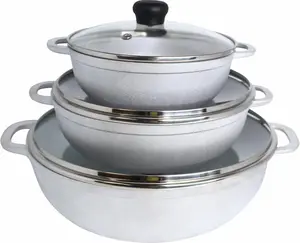 Caldero Stock Pot with Glass Lid 3pc Set, 1.5/2.5/5.2qt, Cast Aluminum, Perfect for Serving Medium & Small Groups, Riveted Handles, Made in Colombia, Silver.
