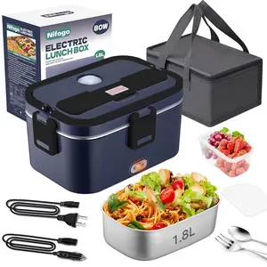 Nifogo Electric Lunch Box 80W High Power 1.8L Food Grade Stainless Steel Portable Heated Lunch Box With Display Screen 12V 24V 110V Multi Voltage Leak Proof For Car Truck Work School Office Picnic Camping
