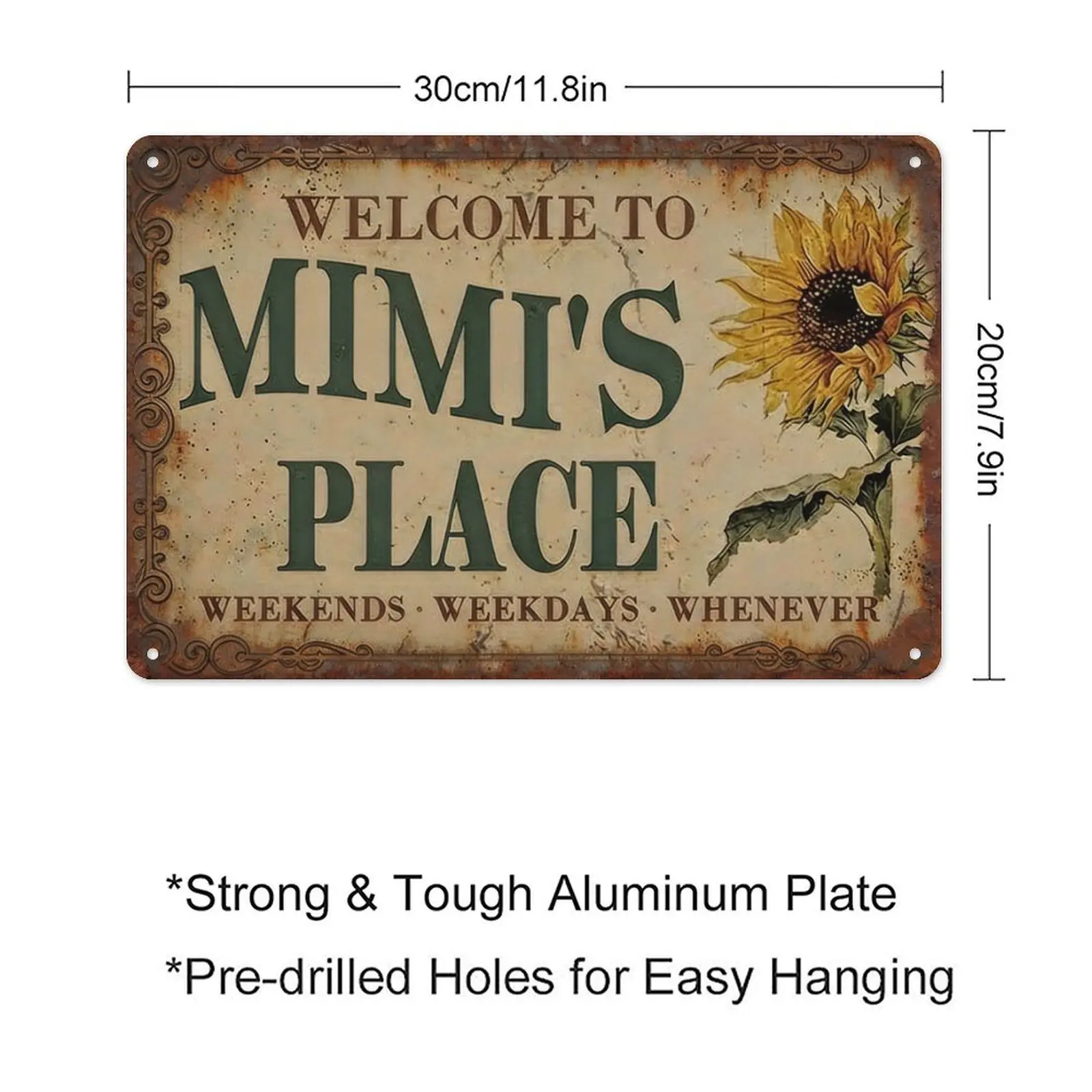 1PC 8x12 in Vintage Aluminium Tin Sign - "Welcome To Mimi's Place" Rustic Sunflower Decorative Farm-Themed Home Sign, High-Quality Rectangle Plaque, Easy-Mount Gift for Home Decor Enthusiasts, Decorative Home Signs, Farm-Themed Home Signs