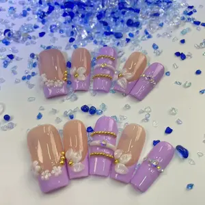 YR 4 Pairs Luxury Press On Nails Gift Set – 3D Shell Flower Design, Almond & Square Shapes, Random Mix of Floral, Ocean & Butterfly Styles, High Gloss