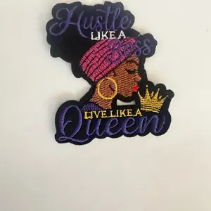 Hustle Like a Boss Live Like a Queen Small Iron On Patch - Embroidered Design with Crown and Text