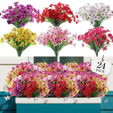Artificial Flower, 12/24/ Colorful Faux Flower, Decorative Flower for Home Garden, Porch, Window Box, Yard and Seasonal Celebration, Color Mixing Fake Floral for Outdoor, Home Decoration, Artificial Plants, Artificial Flower Bouquet