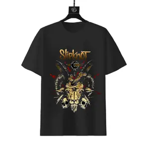 Vintage Slipknot Goat Skull Graphic T-shirt, Retro Gold Print Nu Metal Band Unisex Cotton Tee For Heavy Metal Fans Concert Streetwear Daily Outfit