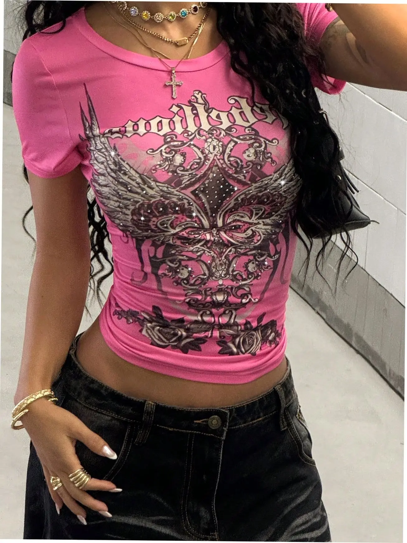 Gothic Graphic Tee Fuchsia Rhinestone Fitted Y2K Streetwear Punk