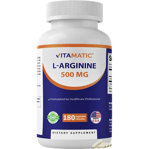Vitamatic L-Arginine 500mg Amino Acid Dietary Supplement for Adults - 180 Vegetarian Capsules, Non-GMO, Gluten-Free, Sugar-Free, No Artificial Colors or Flavors, Made in USA for Body Health