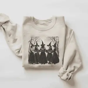 Women's Vintage Graphic Witch Hoodie - Long Sleeve, Round Neck Cotton Pullover, Casual Unisex Halloween Tops, Longsleeves Clothes