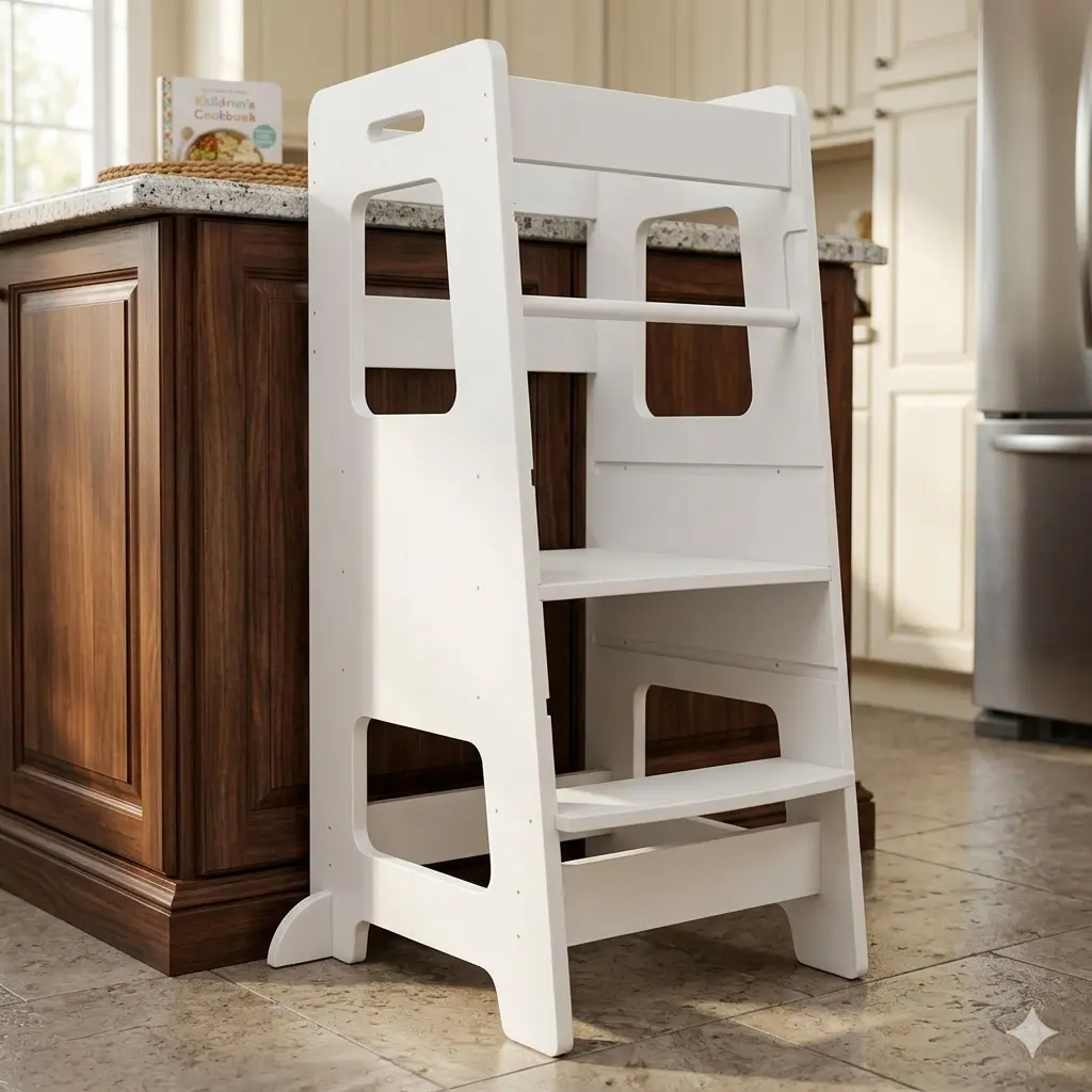 Kitchen Step Stool, Toddler Kitchen Stool Helper with Safety Rail, Height Adjustable Child Standing Tower Learning Stool for Counter and Bathroom Sink (White)