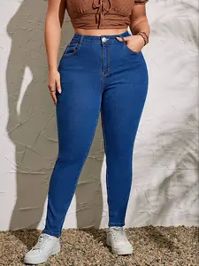 Women's Plus Size High Waisted Jeans, Stretchy Washed Denim Jeans, Slim Fit Skinny Leg, Casual Chic All Season Wear, Button Fly Closure
