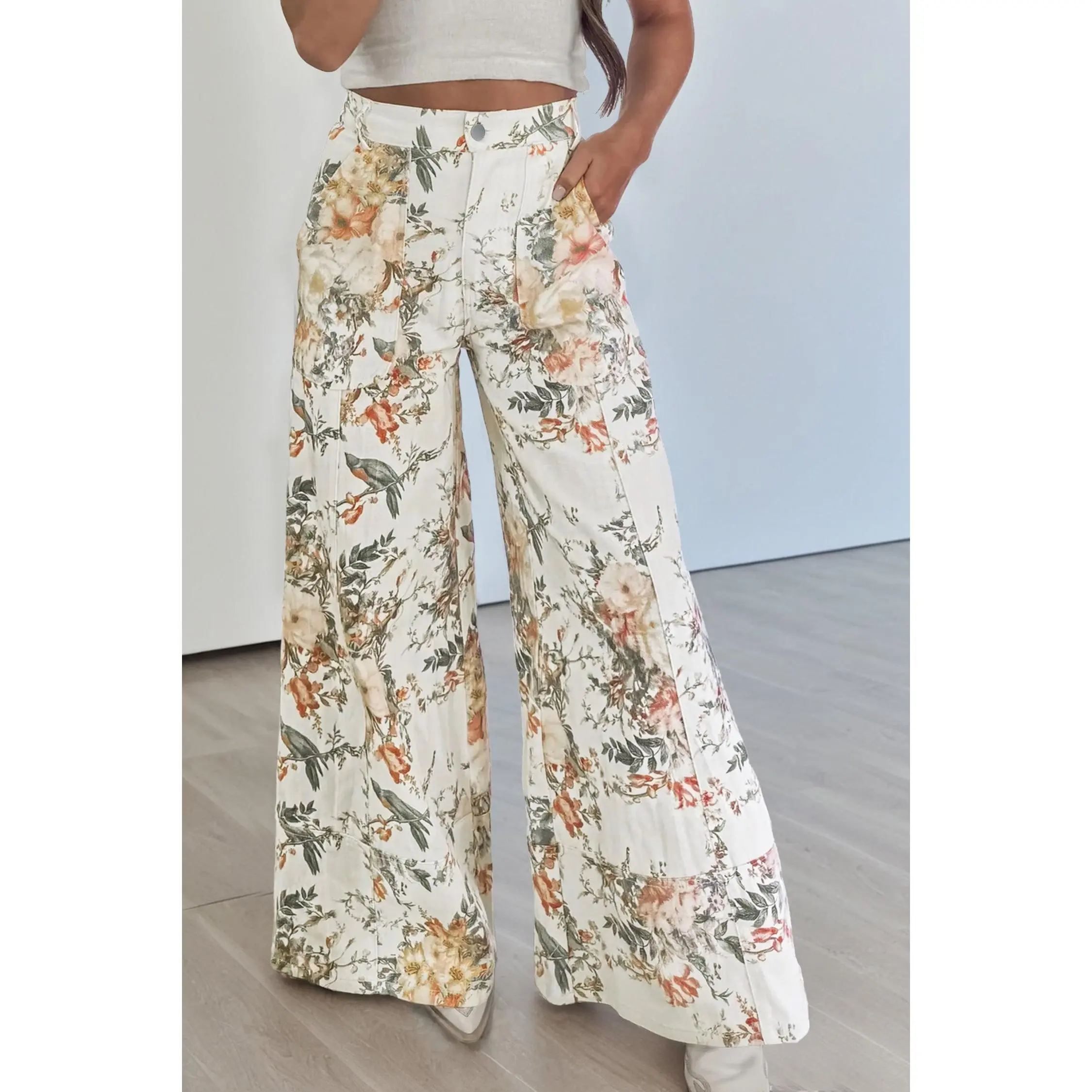 Beige Vintage Style Floral Print High Waist Wide Leg Jeans