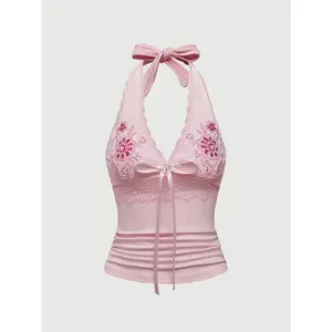 Women'sY2KFloralEmbroideredHalterNeckTopwithAdjustableBowTieBack,WaistWrinkleDetail&LaceTrim-Brown/White/Golden,MachineWashableAll-SeasonElegantSpecialLineFashion,CasualChicApparel,ButterflyKnotStyle,NontransparentFabric