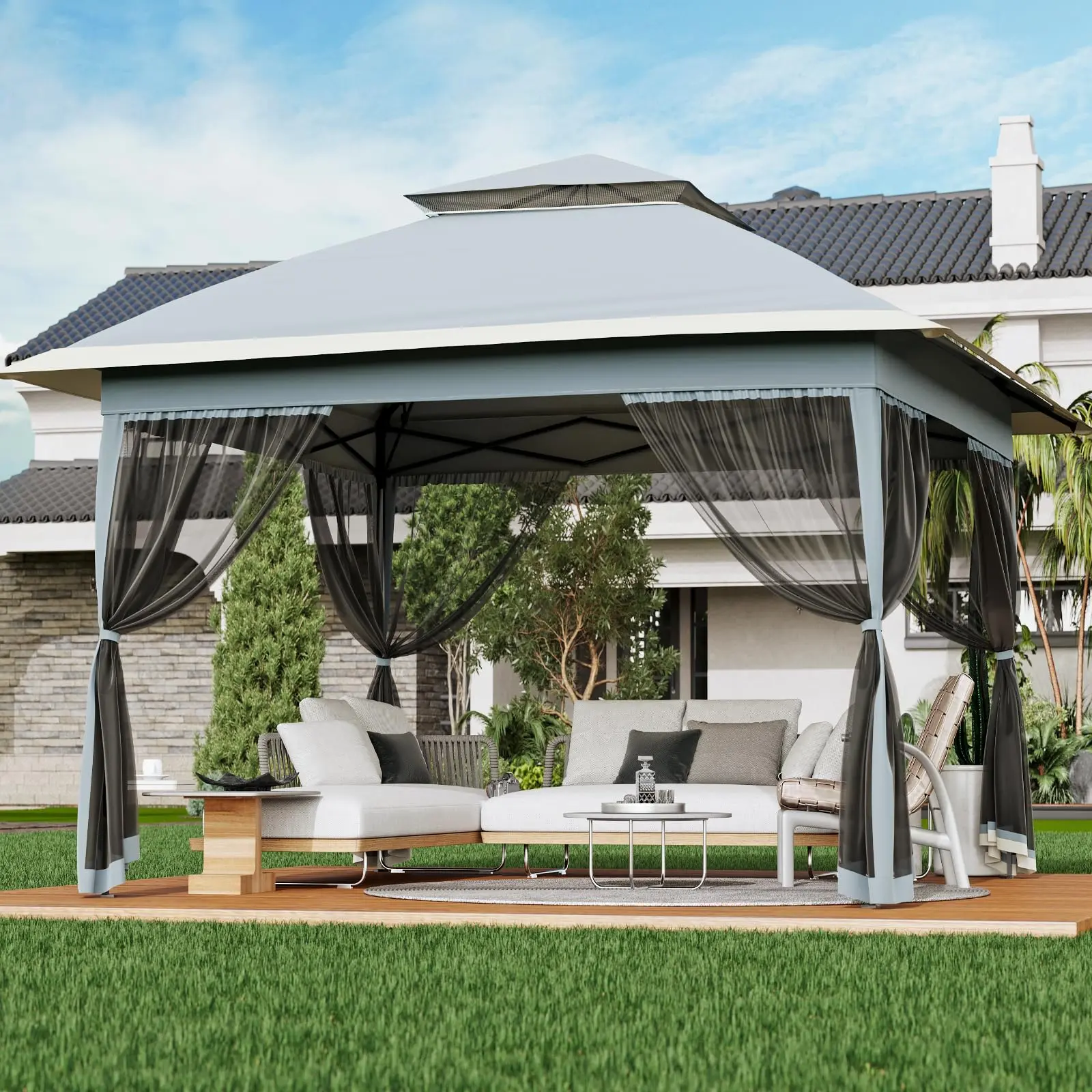 YJ-Garvee 13x13FT Pop-Up Gazebo, Outdoor Canopy with Mosquito Netting and Privacy Screen, Pavilion Tent for Patio, Backyard, Garden, Lawn, Deck(Grey)