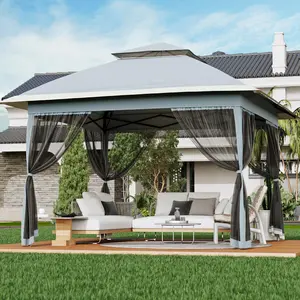 YJ-Garvee 13x13FT Pop-Up Gazebo, Outdoor Canopy with Mosquito Netting and Privacy Screen, Pavilion Tent for Patio, Backyard, Garden, Lawn, Deck(Grey)