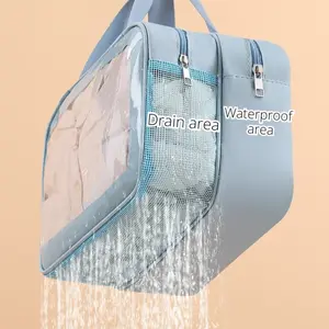 Waterproof Wet Dry Separation Travel Toiletry Bag, Large Capacity Portable PVC Transparent Cosmetic Makeup Organizer Bag with Drainage Compartment, Leakproof Storage Bag for Travel, Swimming, Gym, Camping & Outdoor Activities