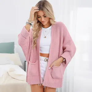 【New Year】Pink Oversized Fold Over Sleeve Open Front Cardigan- Soft Pink Knit Cardigan - Versatile Layering Piece Gray Oversized Fold Over Sleeve Open Front Cardigan