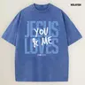 Holafish Women's Acid Wash Round Neck Oversized Relaxed Fit Cotton Tee - Jesus Love You and Me Motif, Soft Breathable, Casual Streetwear Unisex Summer Staple for Daily Comfort
