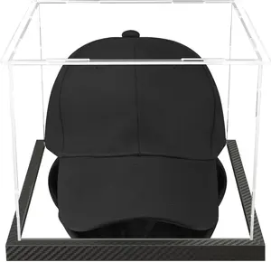 Clear Hat Display Case  Baseball Cap Holder Stand Transparent Hat Storage Box  Square UV Protection Cabinet with Carbon Fiber  Base and Removable Mirror Base