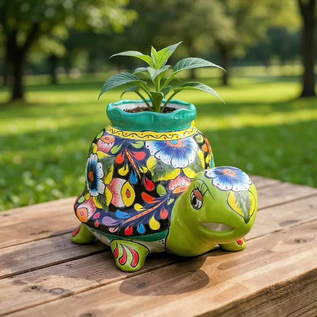 Vibrant Talavera Turtle Planter | Mexican Pottery