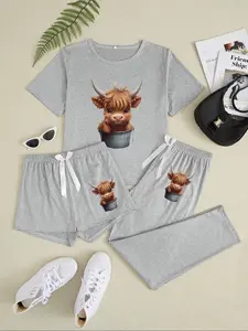 Women's Cartoon Highland Cow Print Knit Pajama Set, 3 Piece Sleepwear Collection, Casual Fitted Nightwear for All Seasons, Loungewear