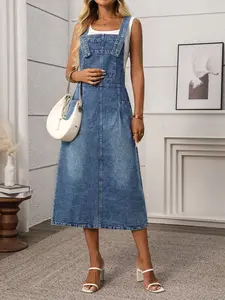 Vintage Washed Denim Strap Midi Dress, Women's Casual Sleeveless Pocket Workwear Skirt, Comfortable and Stylish Everyday Wear, Womenswear