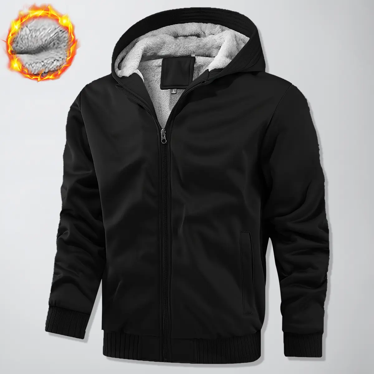 Men's Cozy Thick Fleece Hooded Jacket, Minimalist Plain Long-Sleeve Cardigan for Casual Winter Wear, Longsleeves, Hoodie, Cozy Fleece Hug, Thick Fleece Heat