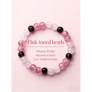 1 piece of natural pink heart-shaped stone bracelet for women - rose quartz and red patterned stone bead marble powder to magenta gemstone jewelry, Valentine's Day and anniversary commemorative gift