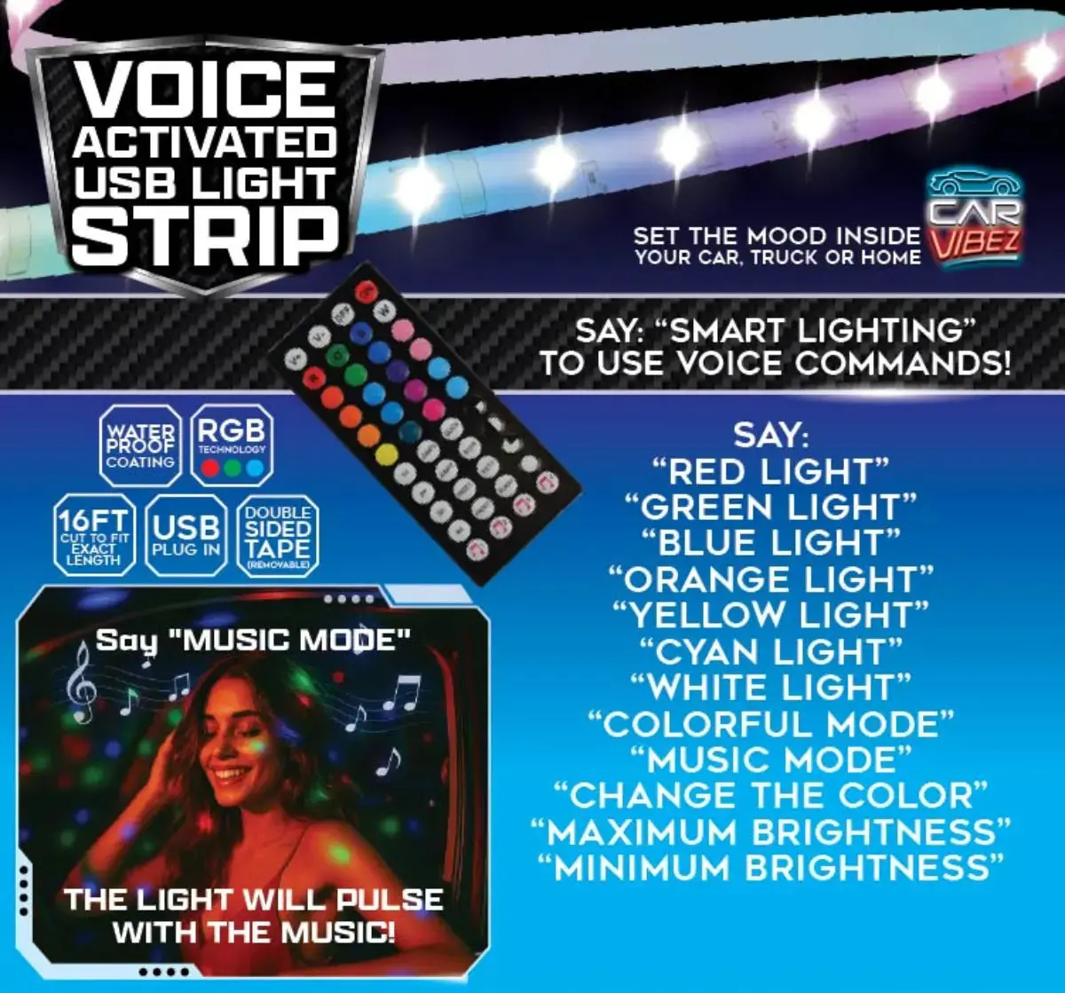 Voice Activated USB-A Mood Light Strip 16FT Length - TikTok Shop