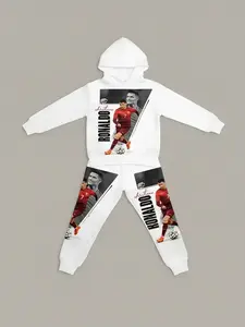 Boy's CR7 Football Themed Sweatsuit with Soccer Number Prints, Hooded Sweatshirt and Pants, Casual Outfit for Spring & Fall