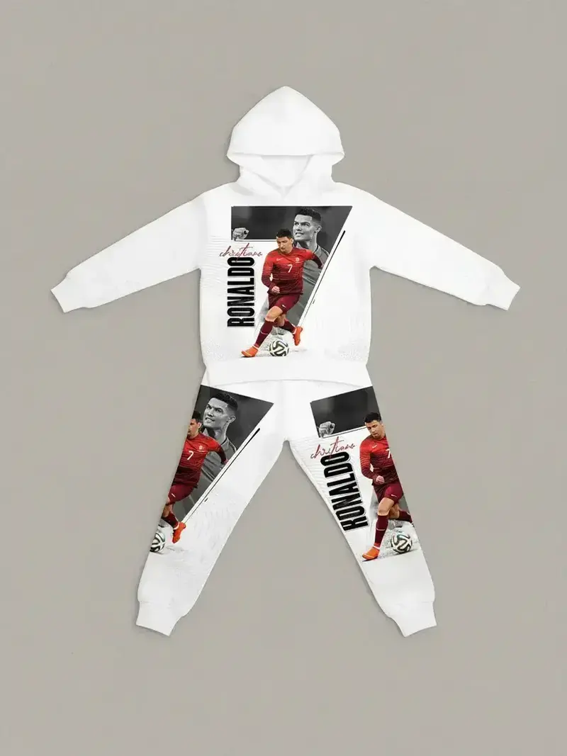 Boy's CR7 Football Themed Sweatsuit with Soccer Number Prints, Hooded Sweatshirt and Pants, Casual Outfit for Spring & Fall