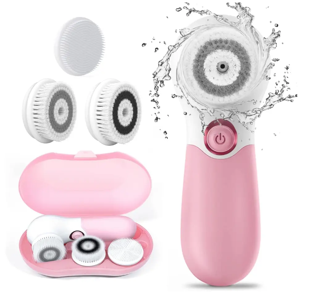 Cordless Electric Facial Cleansing Scrubber Kit - 360° Rotating Brush, 2 AA Batteries, 3 Heads, 2 Speeds, Silicone Handle, Water-Resistant, Food Grade, Exfoliating, Adjustable, Travel Storage Case, All Skin Types, Pink Beauty Device, Facial Brush, Daily