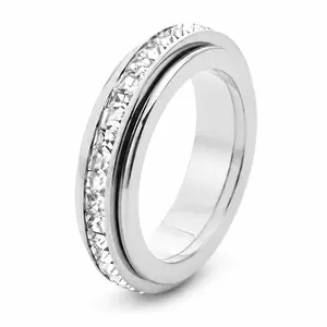 Rotatable Anxiety Ring for Women & Men, Titanium Steel Band with Square Zircons in Sizes 6-9, Spinning Design for Office Work, Cafe Relaxing, and Street Photo Shoots, Perfect Gift