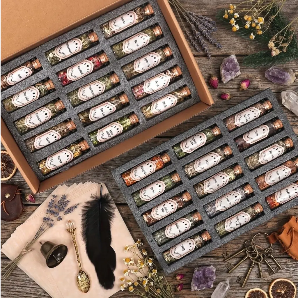 43-Piece Premium Witchcraft Supplies Kit - 30 Organic Dried Herbs & Parchment Paper Set for Litha Summer Solstice Rituals, Altar Decor, Spellwork & Manifestation Spiritual Tools