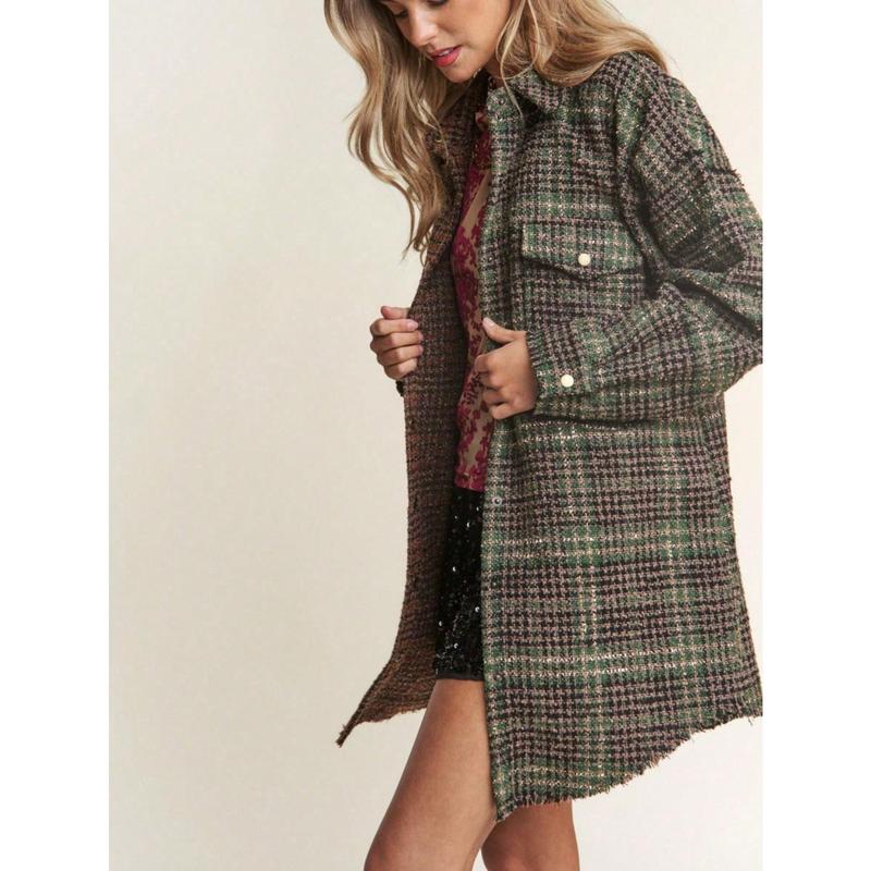 Women's Casual Jacket Vintage Snap Down Tweed Plaid Contrast Longline Shacket Misty Forest Long Sleeve Button-Down Oversized Fit Frayed Hem Comfy And Stylish Perfect For Spring/Fall/Winter Layering Everyday Wear.