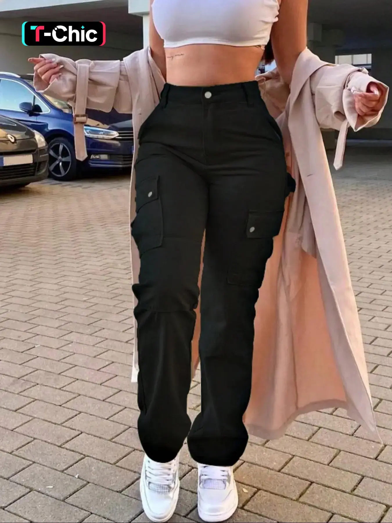 Women's Button-Fly Cargo Pants Fit with Pockets, Basic Casual Streetwear Solid Color Trousers for Daily Wear, Chic All-Season Bottoms