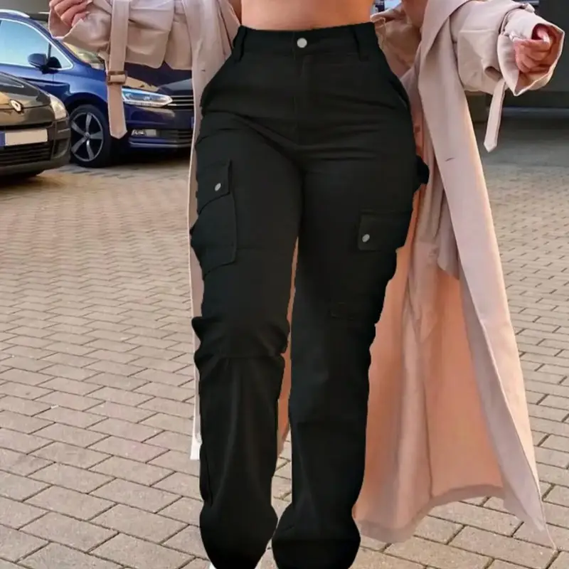 Women's Button-Fly Multi Pocket Cargo Pants Fit with Pockets, Basic Casual Streetwear Solid Color Trousers for Daily Wear, Chic All-Season Bottoms Lightweight