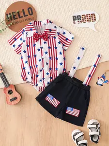 4th of July 2026 Baby Crawling Outfit 2 Piece Romper Short Sleeve Suspender Shorts Star Striped Cotton Breathable Summer Set