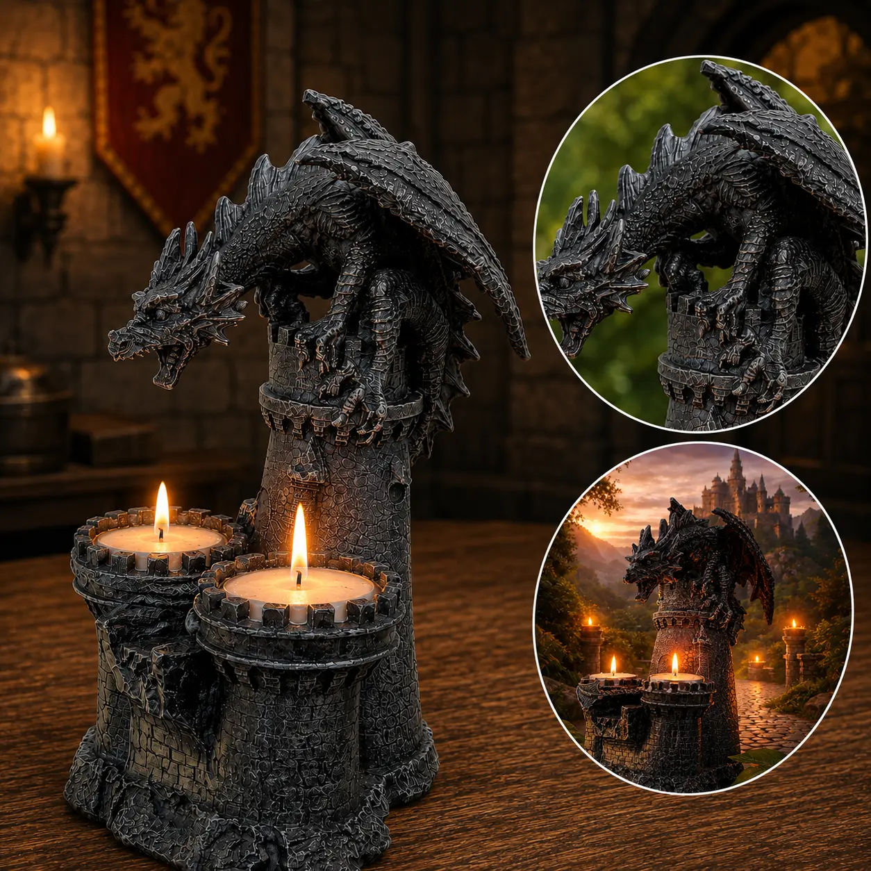 The Armored Kingdom Dragon's Fury Flameforge Gothic Candle Holder - 11in Dark Medieval Castle Resin Collectible, Dual Candle Display, Fantasy Home Decor, Daily Single Unit, Interior Decoration Accessories for Dragon Lovers, Collectibles