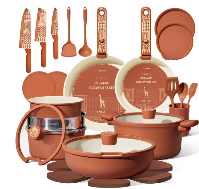 CAROTE 33-Pieces Ceramic Cookware Set, Nonstick Pots and Pans with Detachable Handles and Lids, Induction Compatible, Diswasher Safe