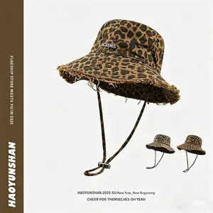 Leopard Print Distressed Bucket Hat with Adjustable Strap - Vintage Y2K Style Sun Hat for Women, Wide Brim UPF 50+ Protection, Windproof & Casual for Beach, Hiking & Daily Use