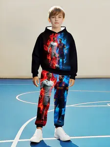 Kids Hooded Sweatshirt Set, Hoodies, Sweatpants, C Ronaldo & Messi Blue Flame Design, Autumn Winter Casual Fitted Style, Best Gift for Boys