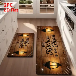 2/3pcs Soft Flannel Kitchen Mat Set, Vintage Wood Board & Oil Lamp Design, Non-Slip, Absorbent, Rustic Farmhouse Style