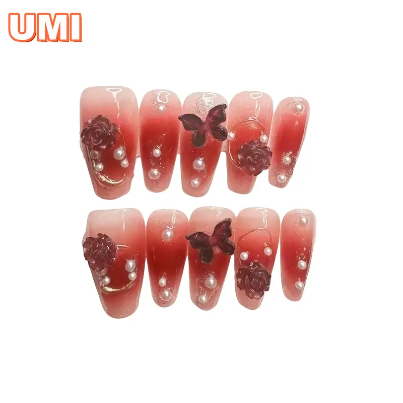 F3 New Camellia Butterfly Press-On Nails Handmade High-Quality Nail Art for Versatile Application White French Tip Flower Design Rhinestone Floral Embellished Rhinestone