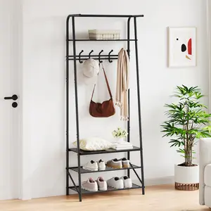 Coat Rack, Hall Tree with Bench and Shoe Storage, Entryway Bench with Coat Rack, 5 Hooks and 3 Tier Shoe Storage, Metal Frame for Entryway, Hallway, Front Door