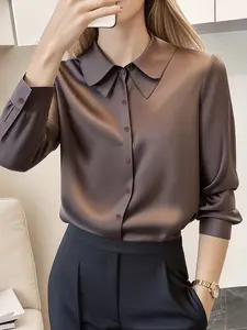 Women's Satin Silk Button Front Blouse, Long Sleeve Lapel Shirt, Business Casual Formal Top, Elegant Office Wear