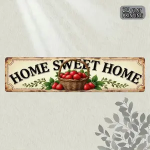 1PC 2D Flat - Farmhouse Style, Rustic Farmhouse Design, Strawberry Basket Iron Sign - Wall Hanging Decoration, 10.7x40.64cm, Vintage with Green Leaves and Red Strawberries, Perfect for Kitchen, Porch or Living Room