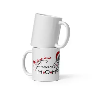 Frenchie Mom Christmas Mug – French Bulldog Santa Hat Coffee Cup – Holiday Gift for Dog Mom – Microwave & Dishwasher Safe