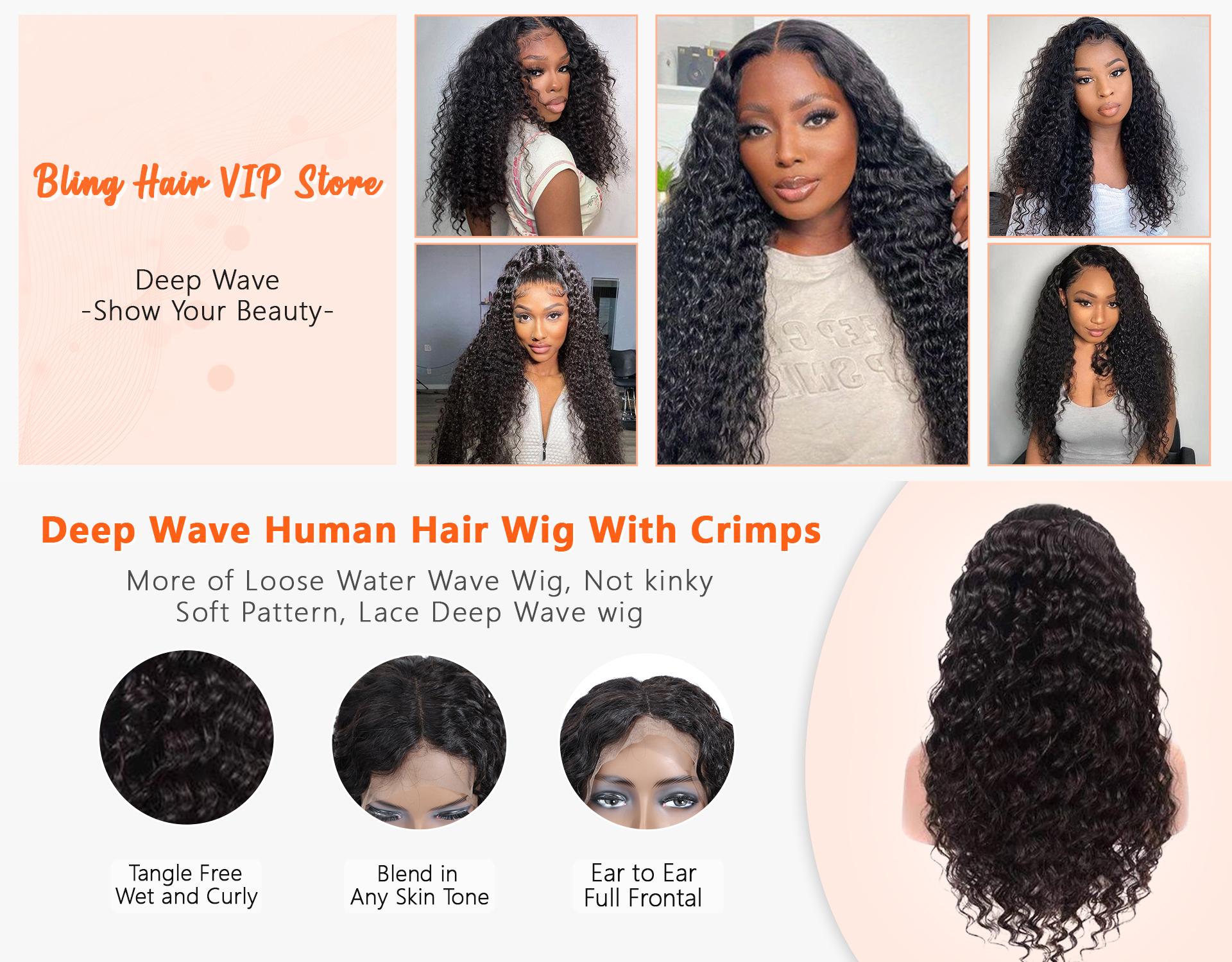 Bling Hair 13X4 13X6 Water Wave Lace Front Wig Human Hair Deep Wave Frontal Wigs for Women Brazilian Real Human Hair PrePlucked Natural Black Remy Hair 180% Density 4x4 Closure Wig