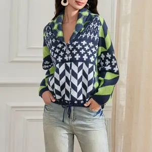 Women's Knit Cardigan Fashion Contrast Pattern Shawl Collar Long Dolman Sleeve Button-front Closure Loose Sweaters