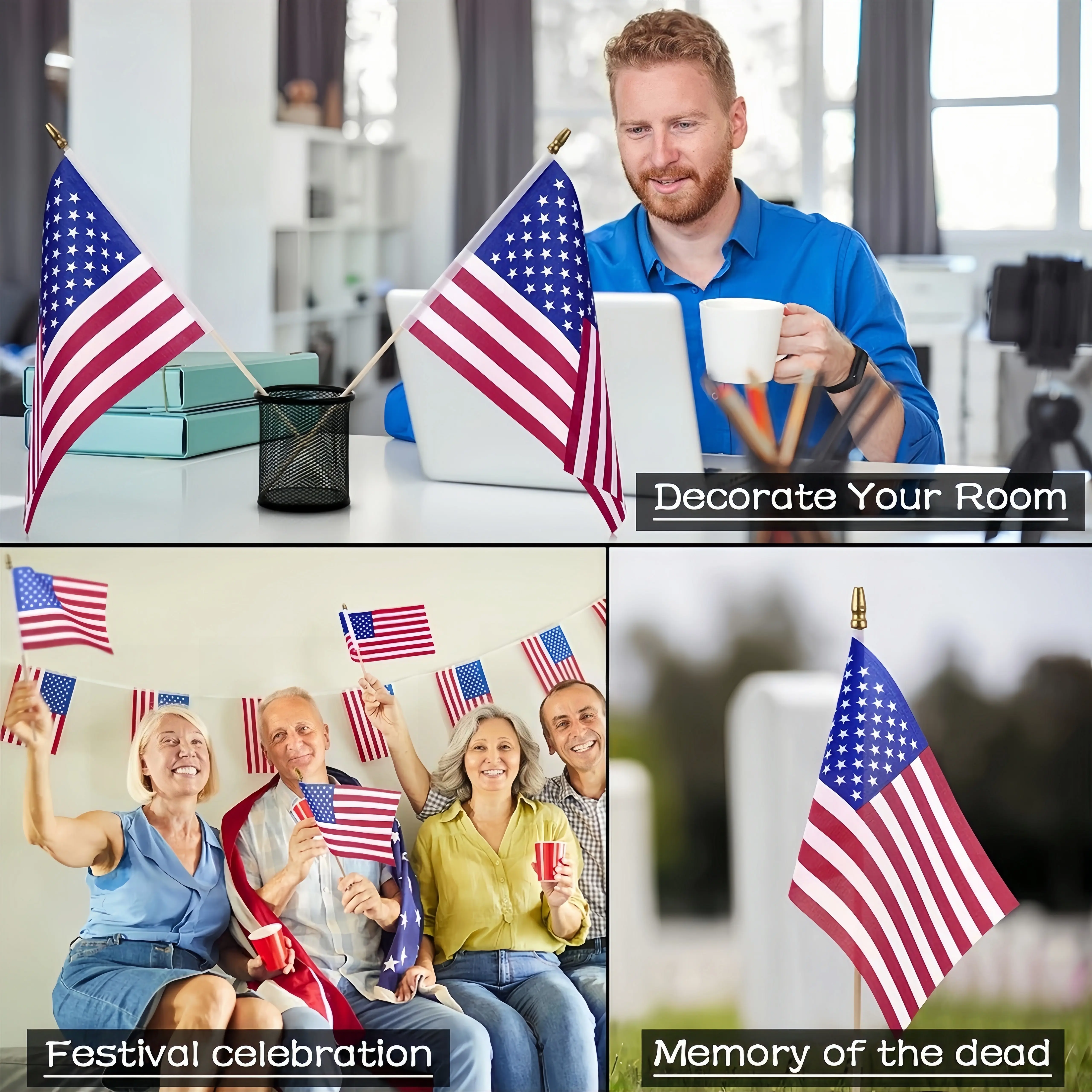 Pack of 50, Handheld American Flags 4x6 Inch - USA Flags on Wood Sticks with Spear Top, Hand Held US Flag for Patriotic Parades, Elections, Fourth of July, Outdoor and Memorial Day Decorations