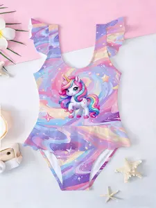 Girls' One-Piece Swimsuit, Dreamy Unicorn Print, Gradient, Flutter Sleeve Ruffle Design, Pool Beach Fashion, Magical Unicorn Swimsuit